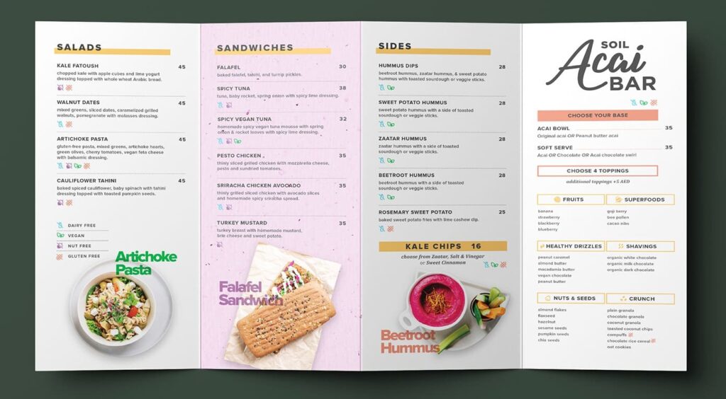 Restaurant menu design that uses icons and photography