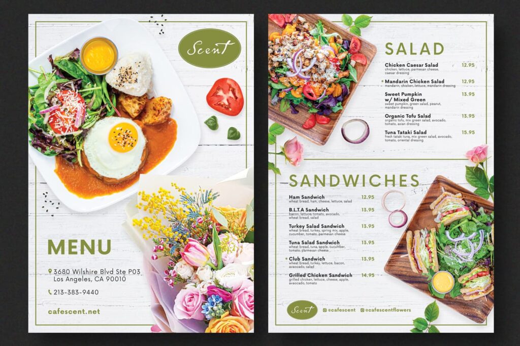 Restaurant menu design that combines copy with photos of dishes