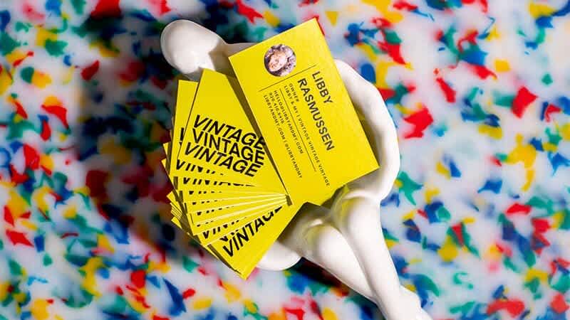 Printed yellow vintage store business cards, print product DPI guidance