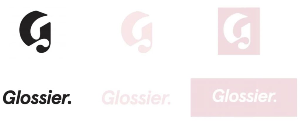 Glossier&rsquo;s soft pink and white brand colors reflect simplicity and femininity. Source: Glossier branding colors from the Glossier Brand Book via Issuu