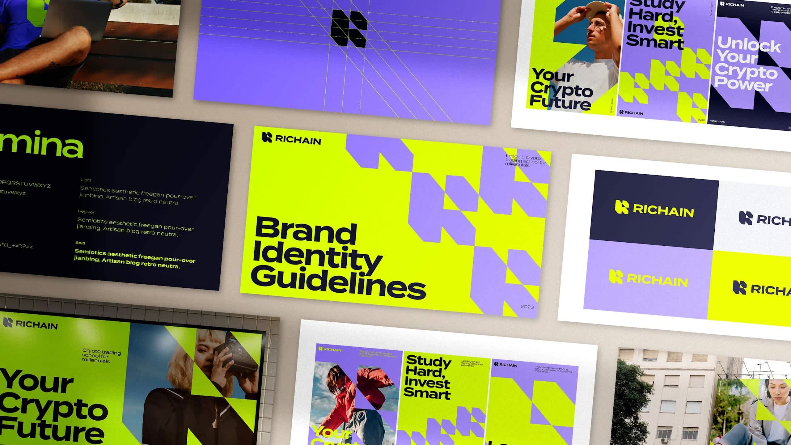 Brand identity guidelines example that outlines the brand colors, logos, print materials, etc for Richain