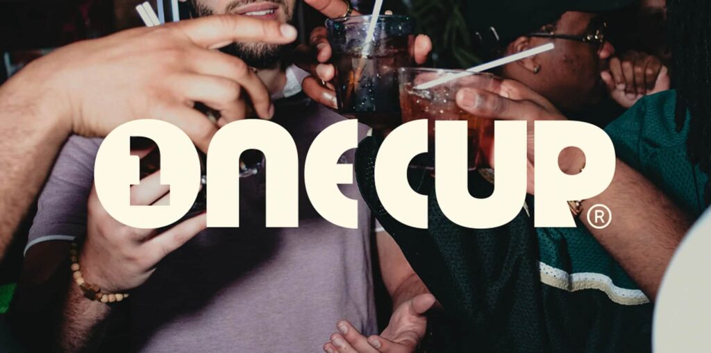 Bold off-white brand logo placed on a candid flashlight photo of people cheering with drinks