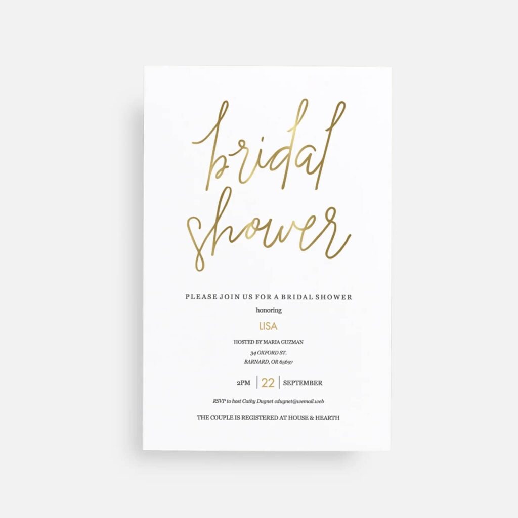 Bridal shower invitation gold and white