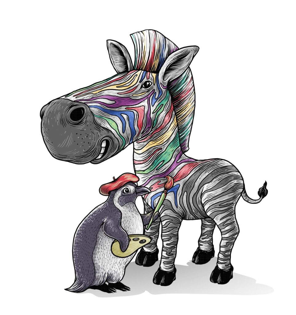A stylistic illustration of an artistic looking penguin in a red beret halfway through colourfully painting in the stripes of a larger zebra