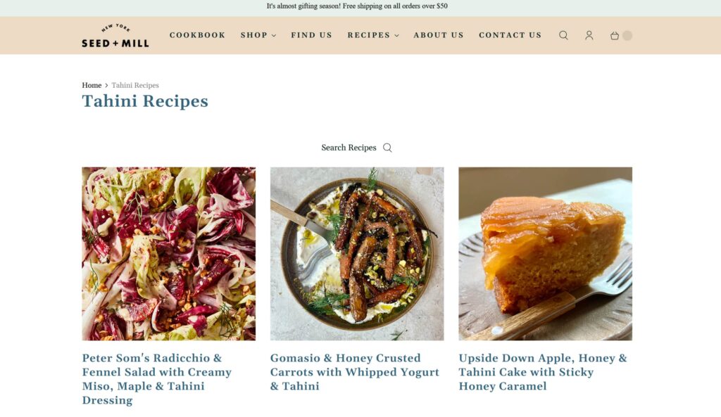 A screenshot of the recipes page on the Seed+Mill website