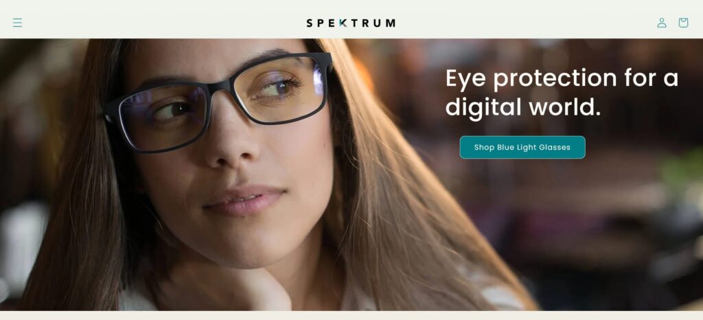 A screenshot of a Spektrum, a niche brand offering blue light glasses to computer user, website homepage