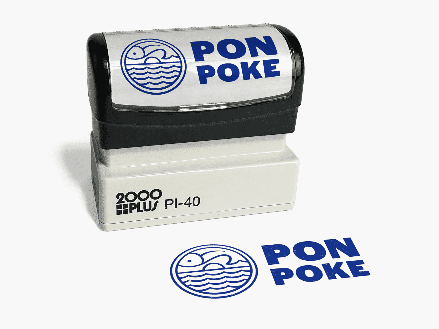 Custom pre-inked stamp with a poke business brand logo in blue ink