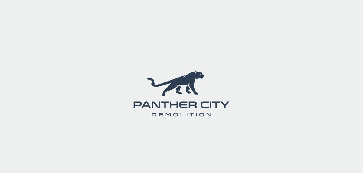 A logo for a demolition company that features a minimal but robust silhouette of a panther in a modern style