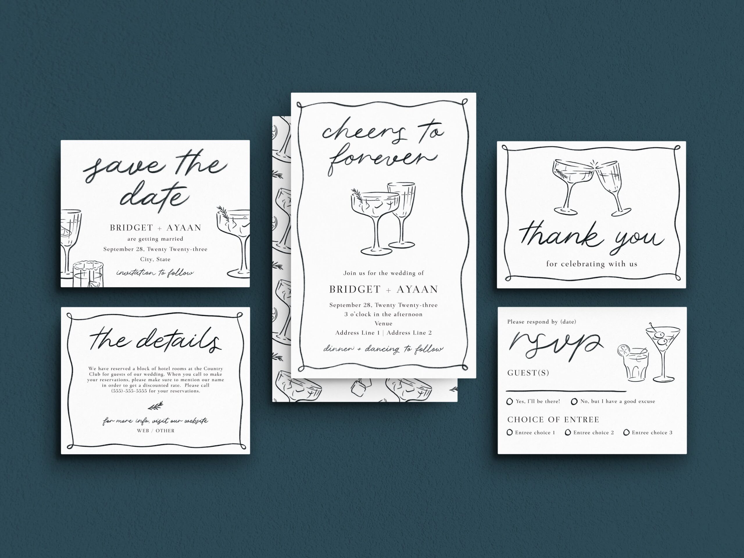 Vintage inspired wedding invitations with black and white line illustrations