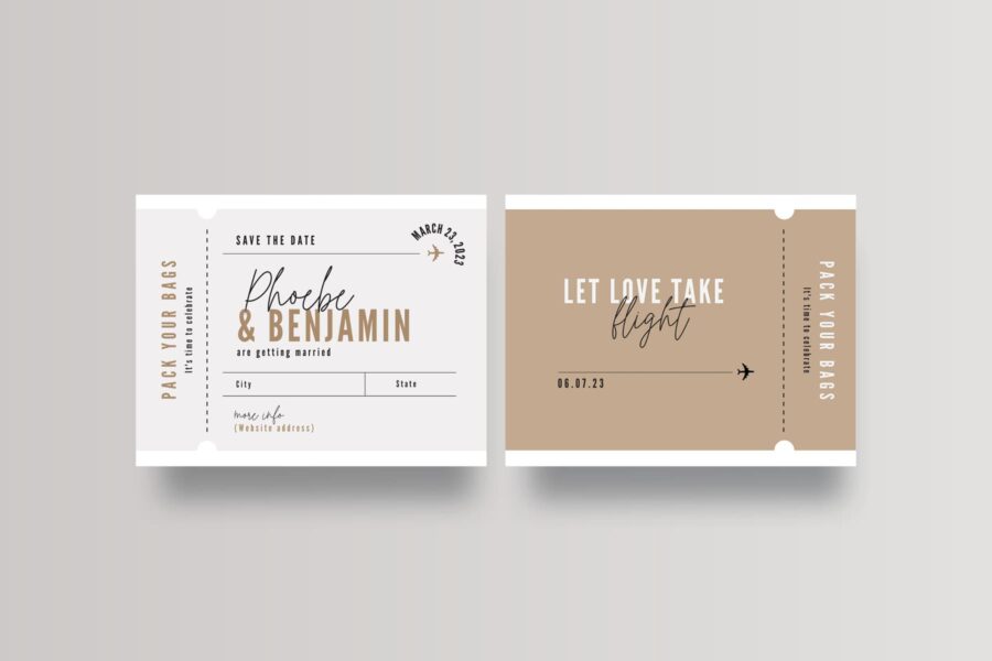 Destination wedding invitation designed like a plane ticket