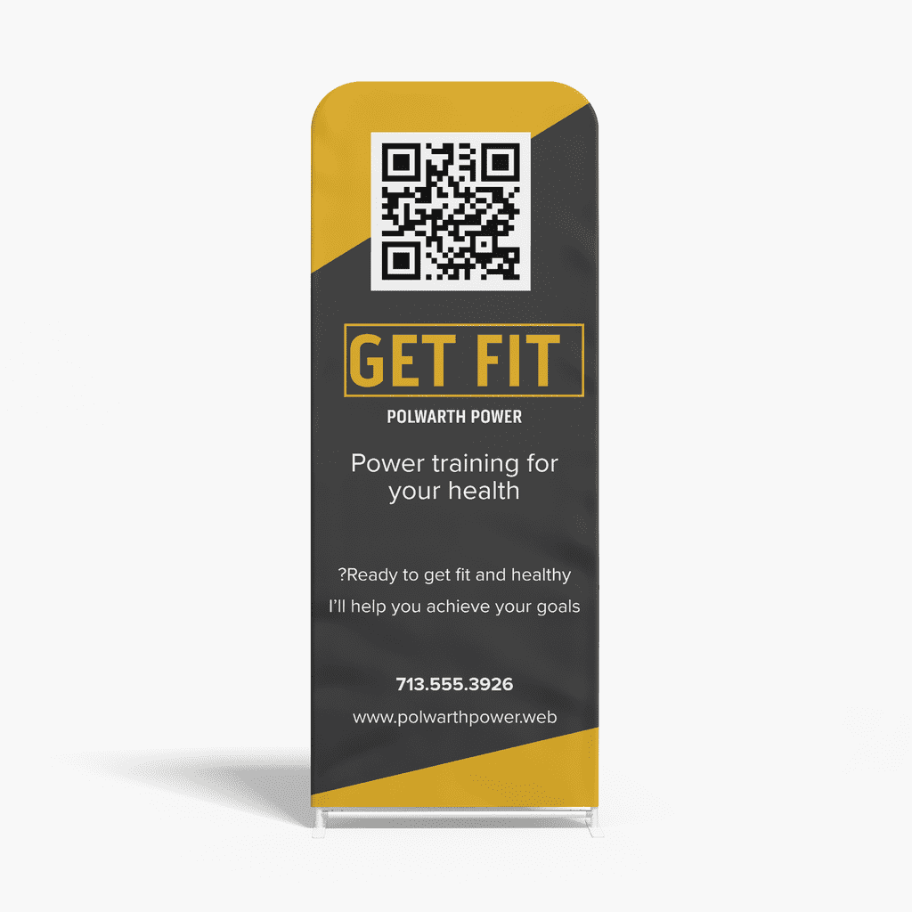 Power training retractable banner with a large QR code at the top