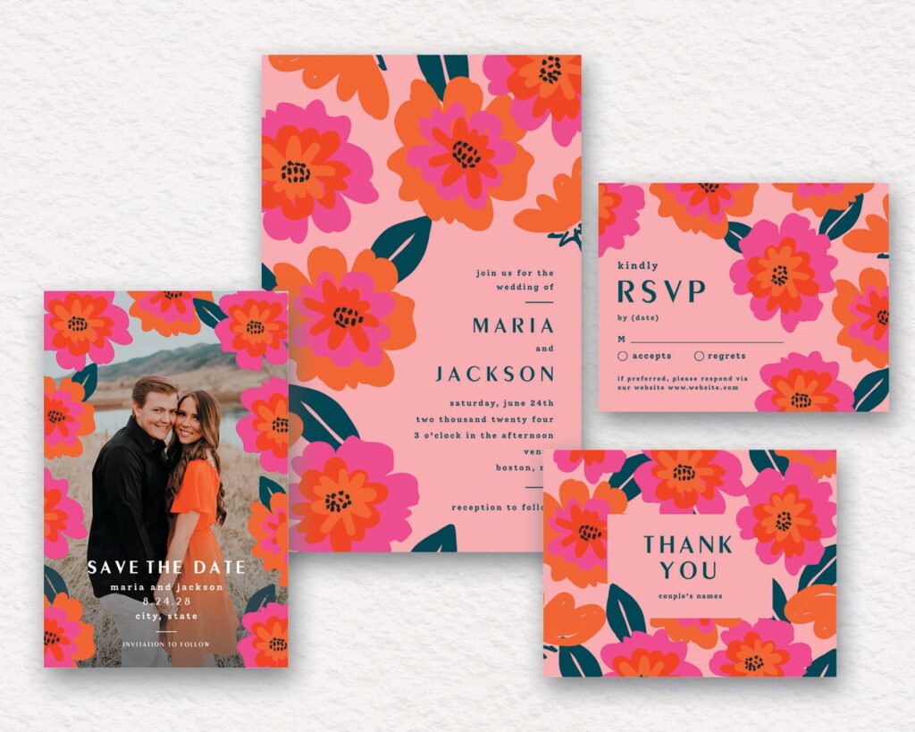 Pink wedding invitation suite with a bold floral design
