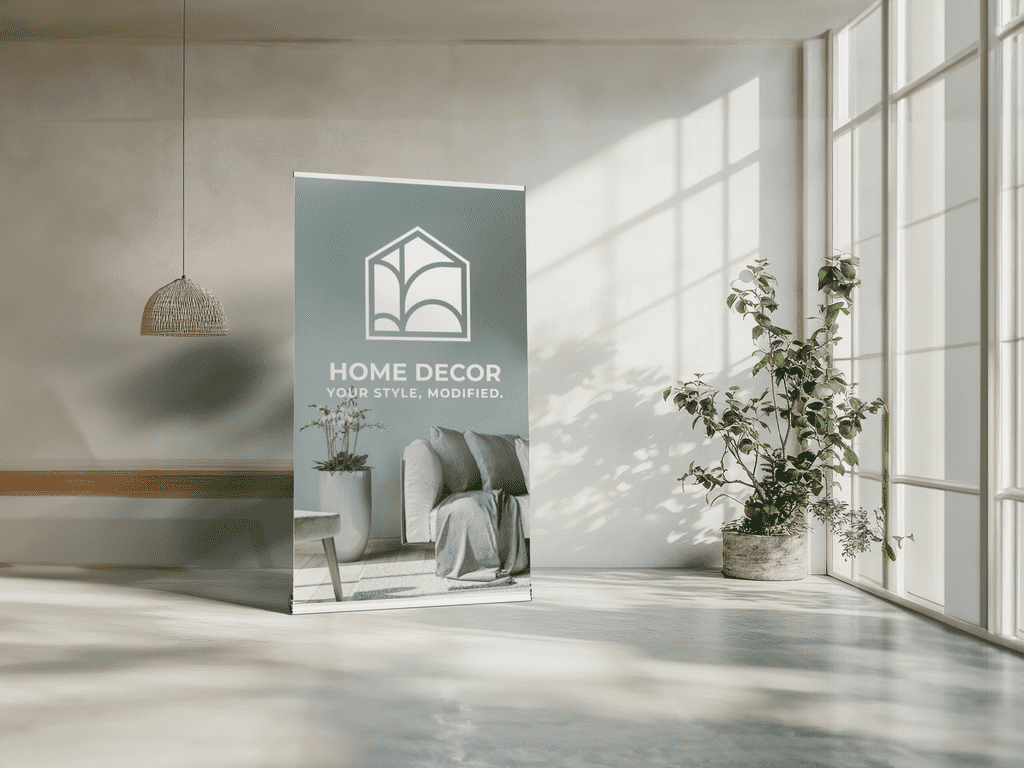 Simple home decor retractable banner with a hero image, logo and tagline