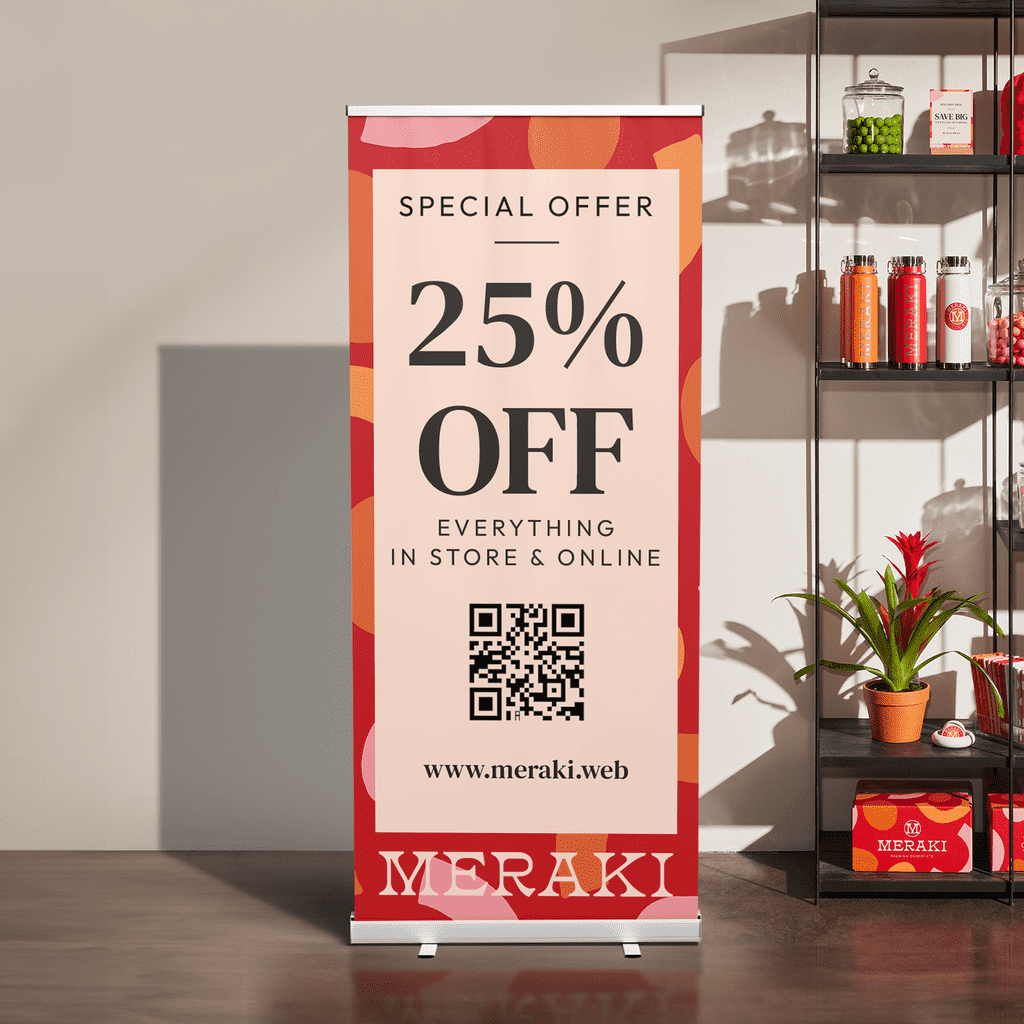 Chocolate shop retractable banner idea with a QR code offering a discount in-store and online