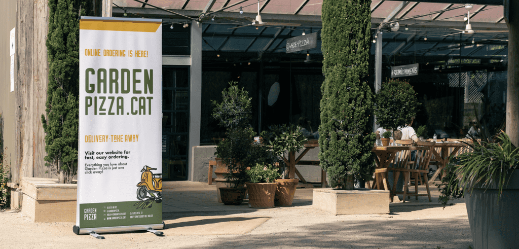 Retractable banner with a pizza restaurant delivery and takeaway deals and CTA