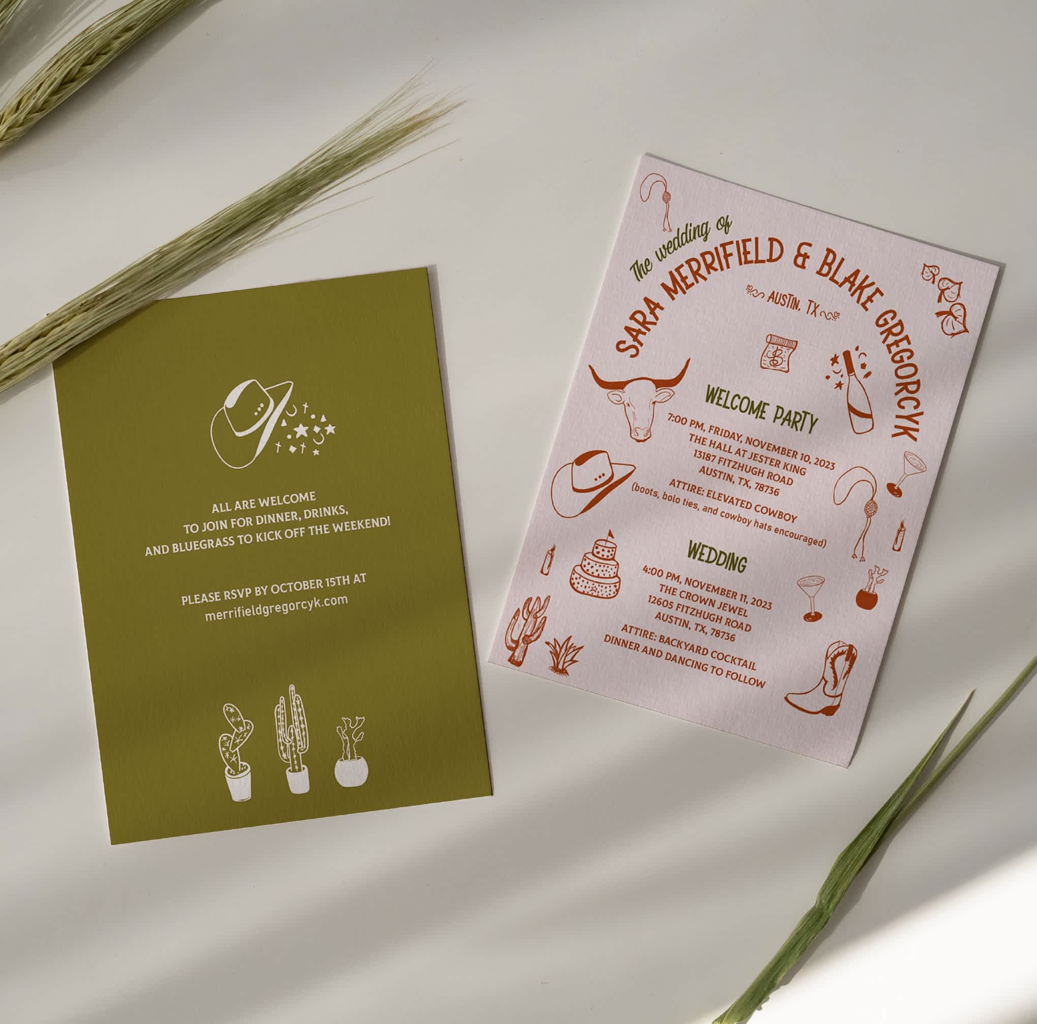 Casual themed wedding invites with western-inspired illustrations