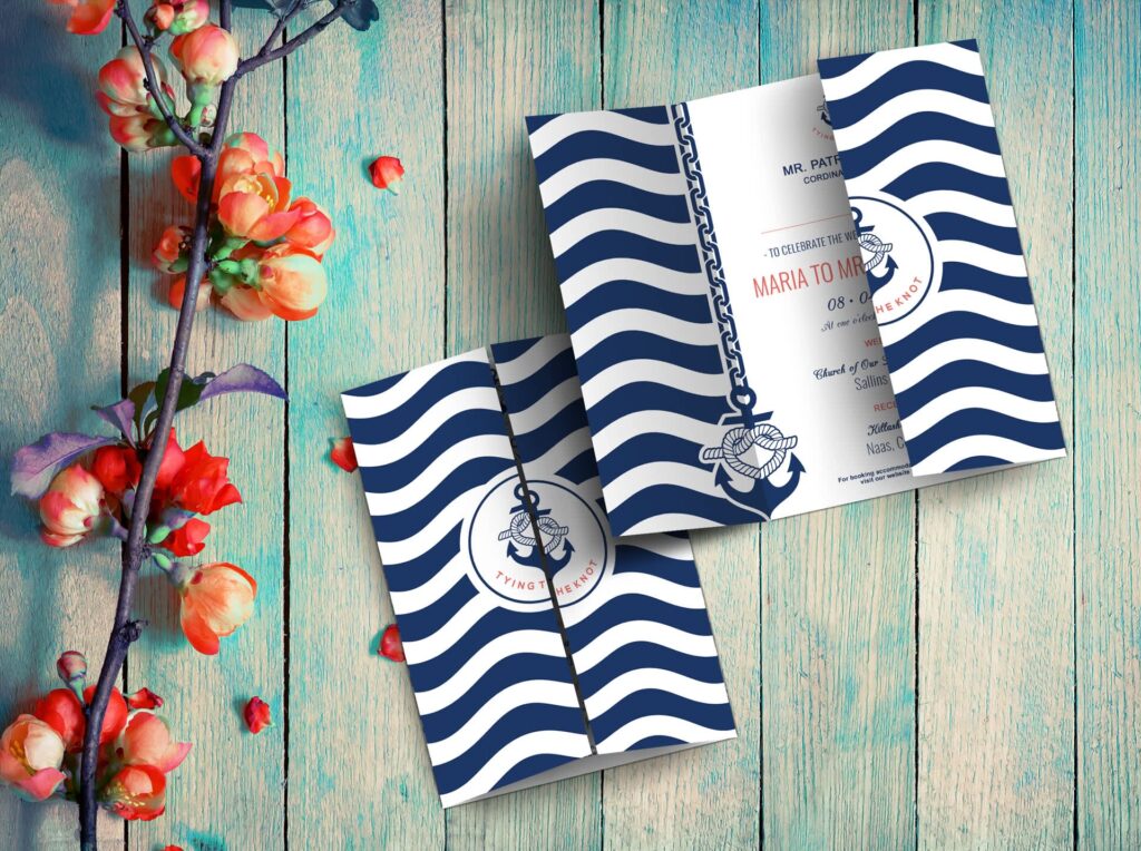 A blue and white striped nautical wedding invitation design
