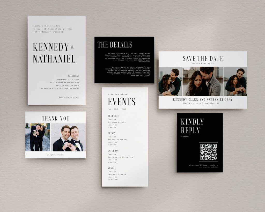 Elegant black and white wedding invitation suite, wedding invitation ideas