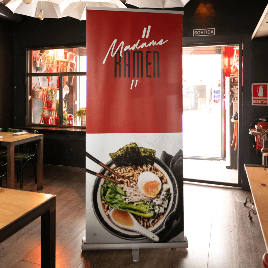 Ramen shop retractable banner example with image of ramen and large logo