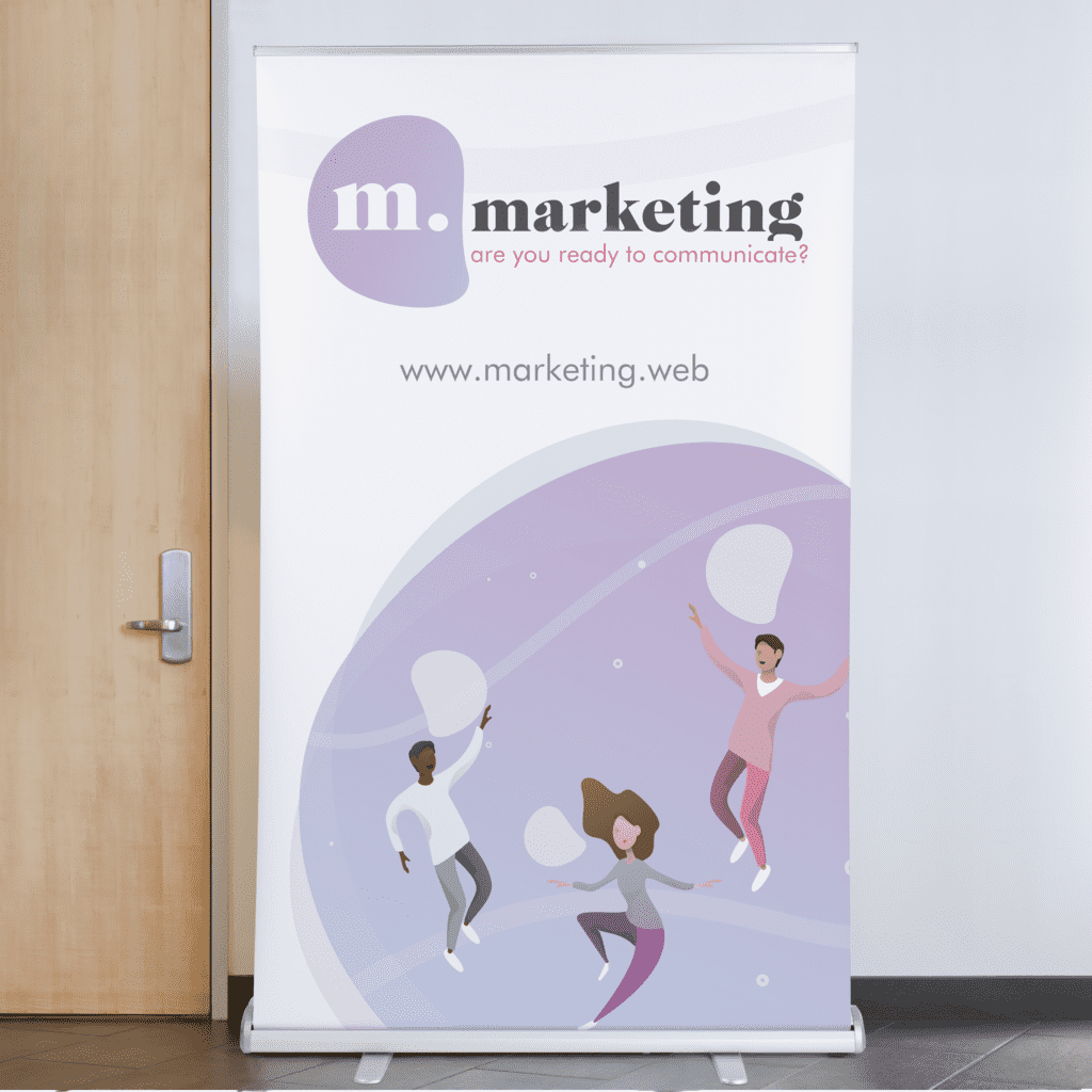 Marketing company retractable banner with logo, website URL and simple graphic