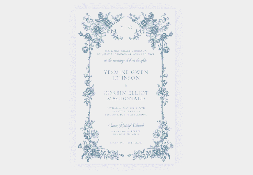 Formal wedding invite wording and design with the hosts names included