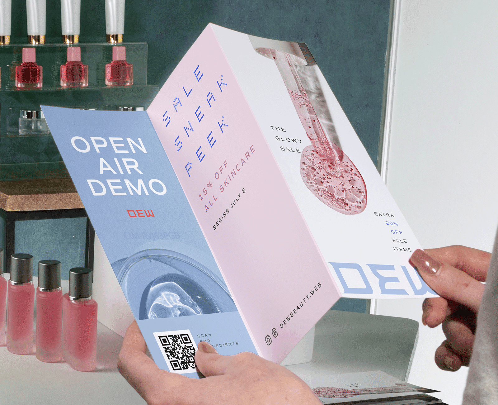 Branded DEW tri-fold brochure with QR code linking to product details and promotions