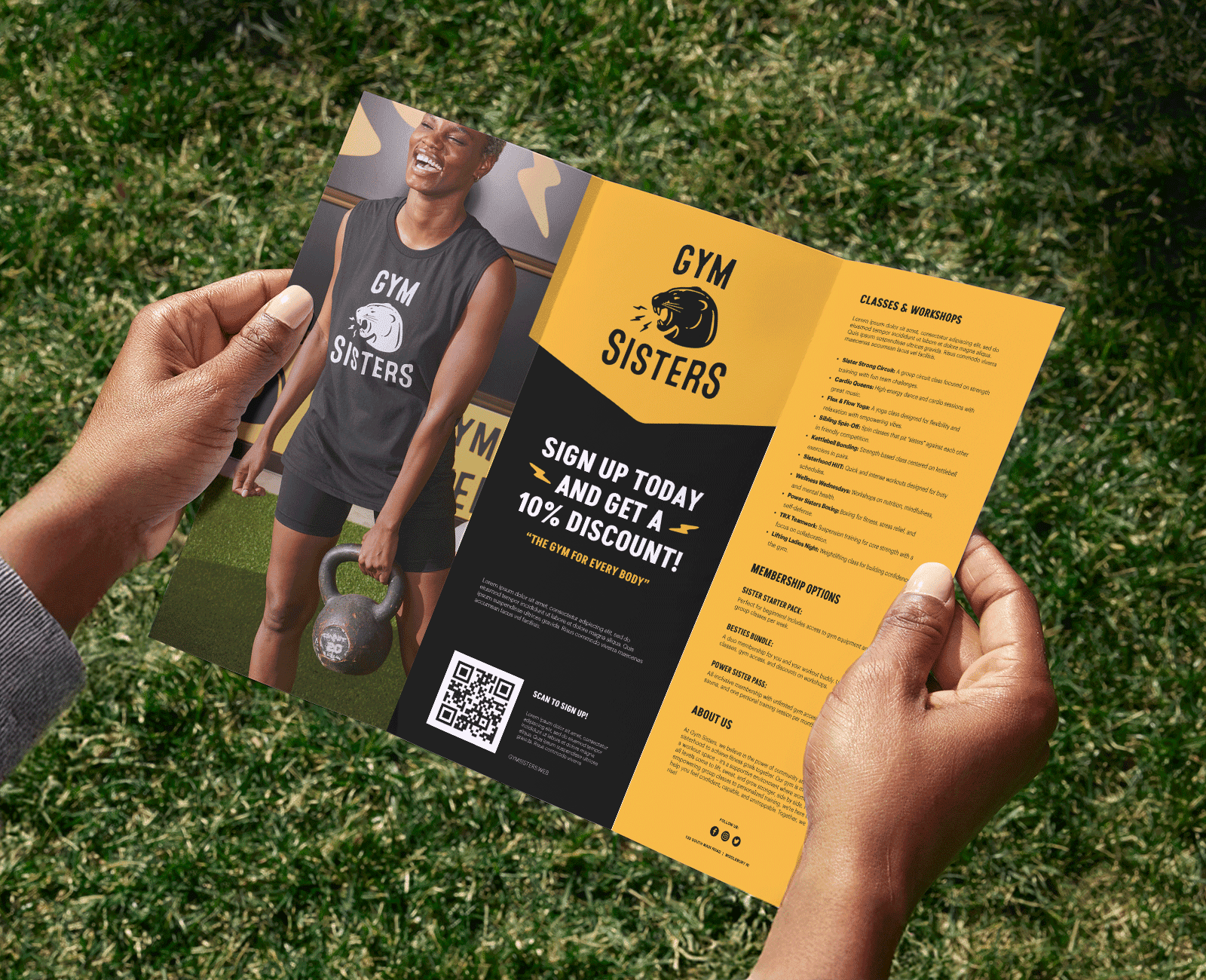 Z-fold marketing brochure with a QR code leading to the signup page of Gym Sisters and a clear CTA “Sign up today and get a 10% discount!”