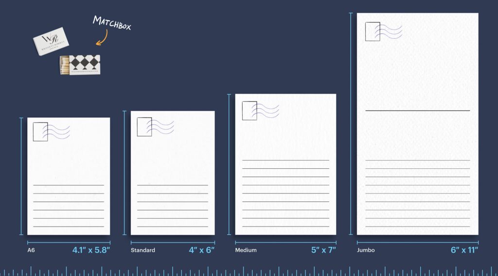 Differently sized postcards next to a matchbox for comparison