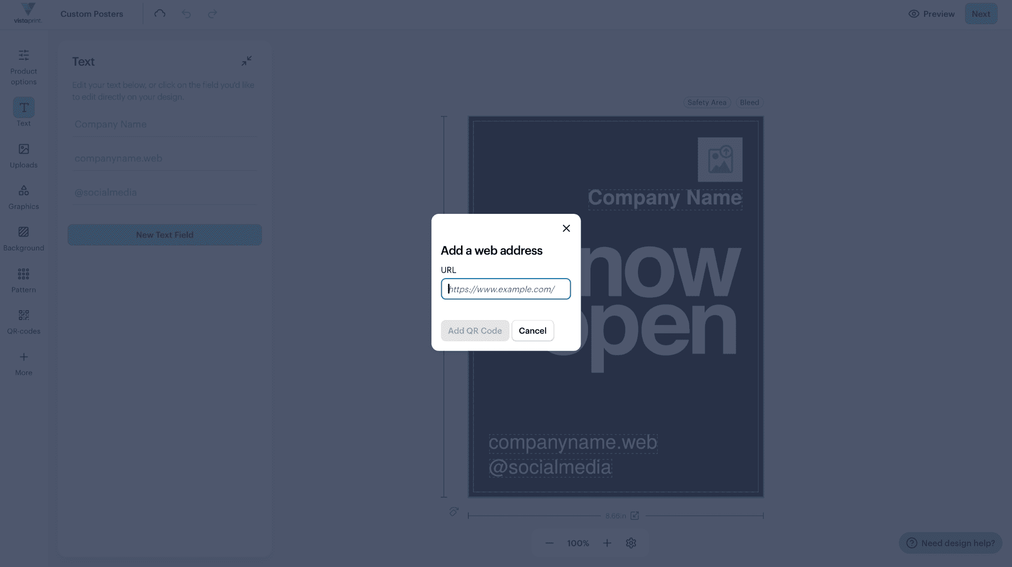 Screenshot of the built-in QR code generator in VistaPrint’s design editor