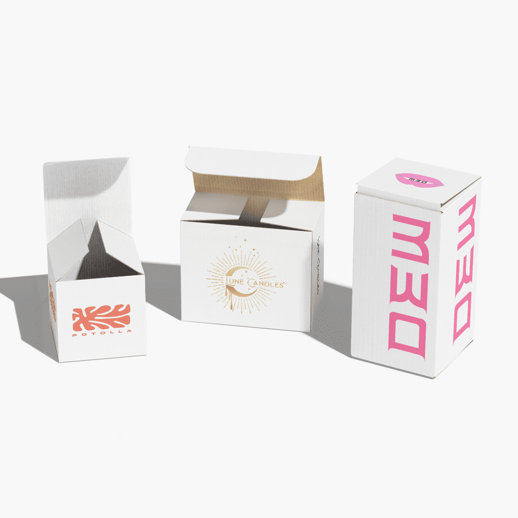 Selection of 3 white cardboard product packages with simple single color logos on outside panels