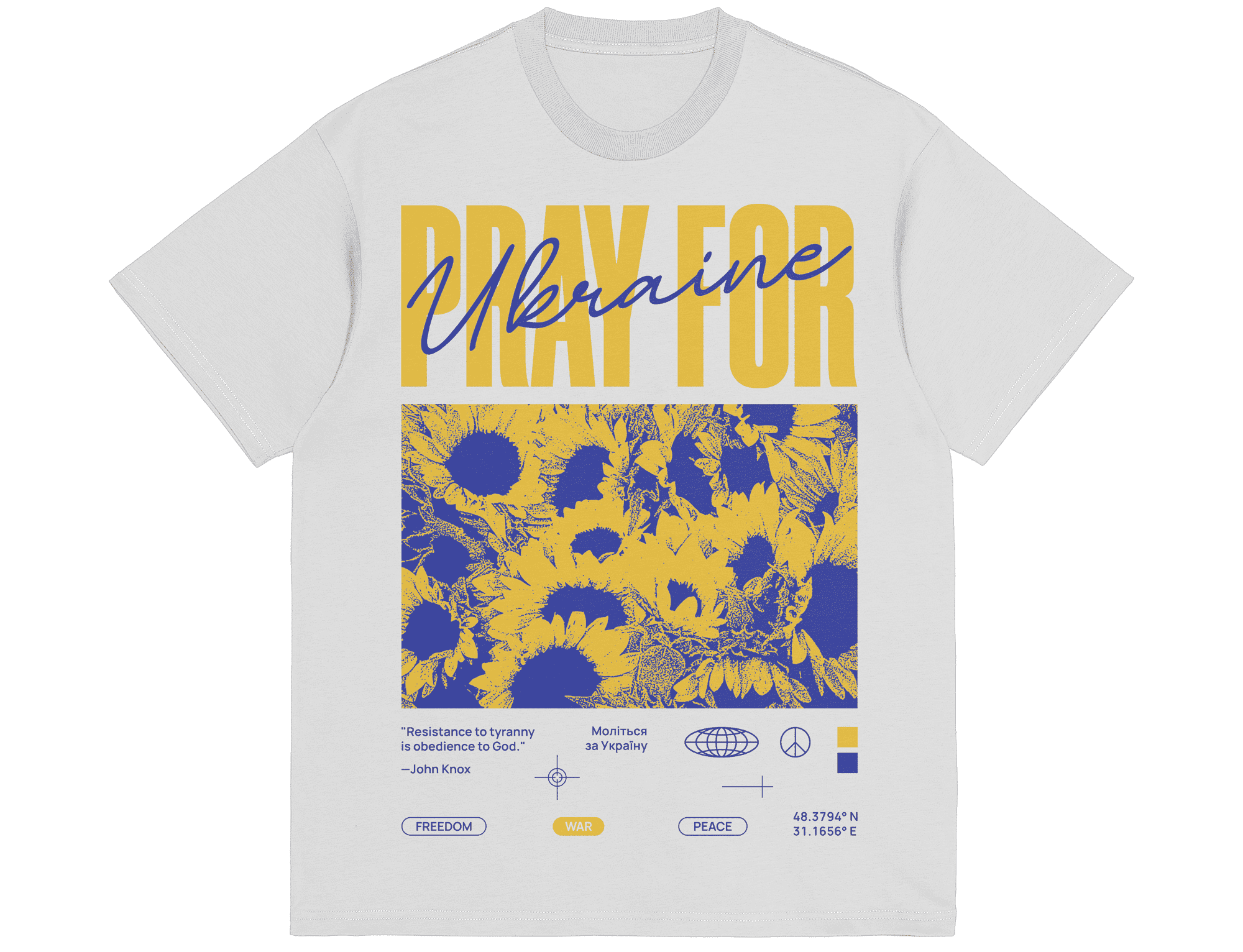A promotional T-shirt in support of Ukraine with the slogan &ldquo;Pray for Ukraine&rdquo;