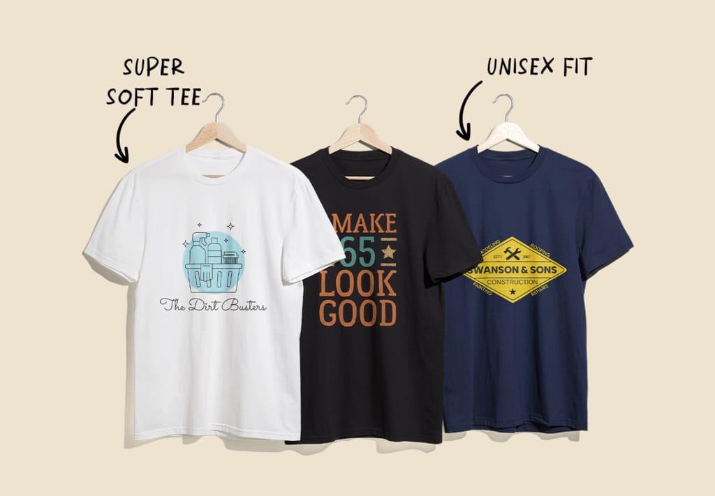 A selection of three custom crewneck T-shirts with different designs