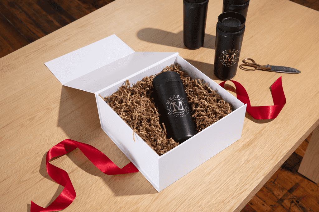 Personalized holiday gift basket with a black branded drinks bottle in a white box with shredded filler and a red ribbon