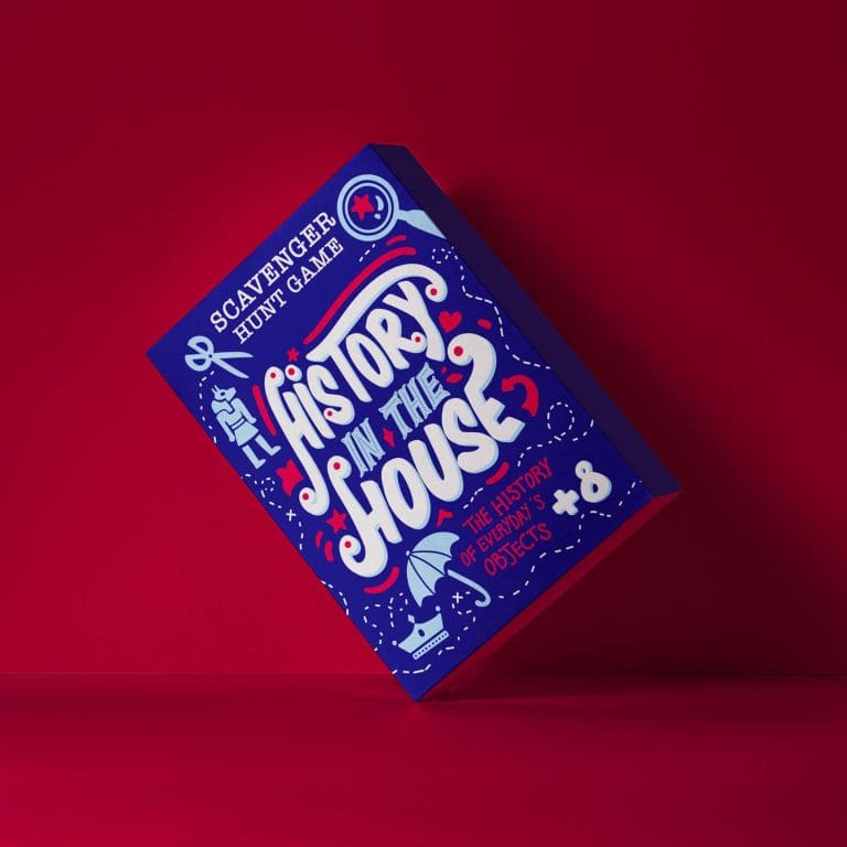 Blue board game box with white text.