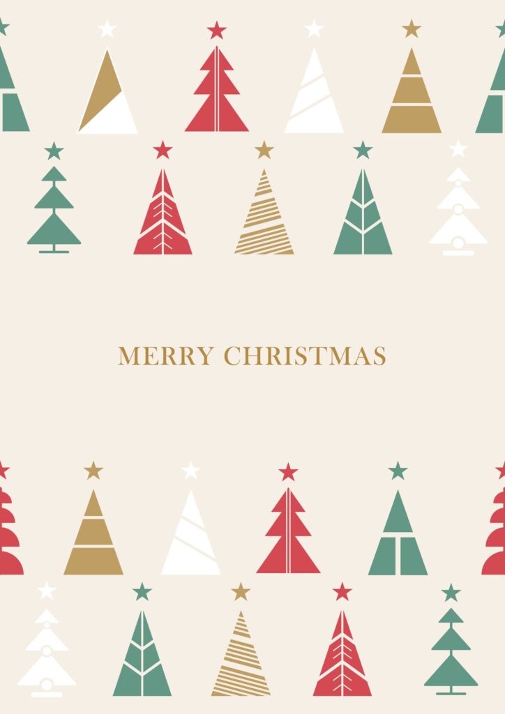 Minimal Christmas card design with rows of colorful geometric Christmas trees and the words “Merry Christmas.”