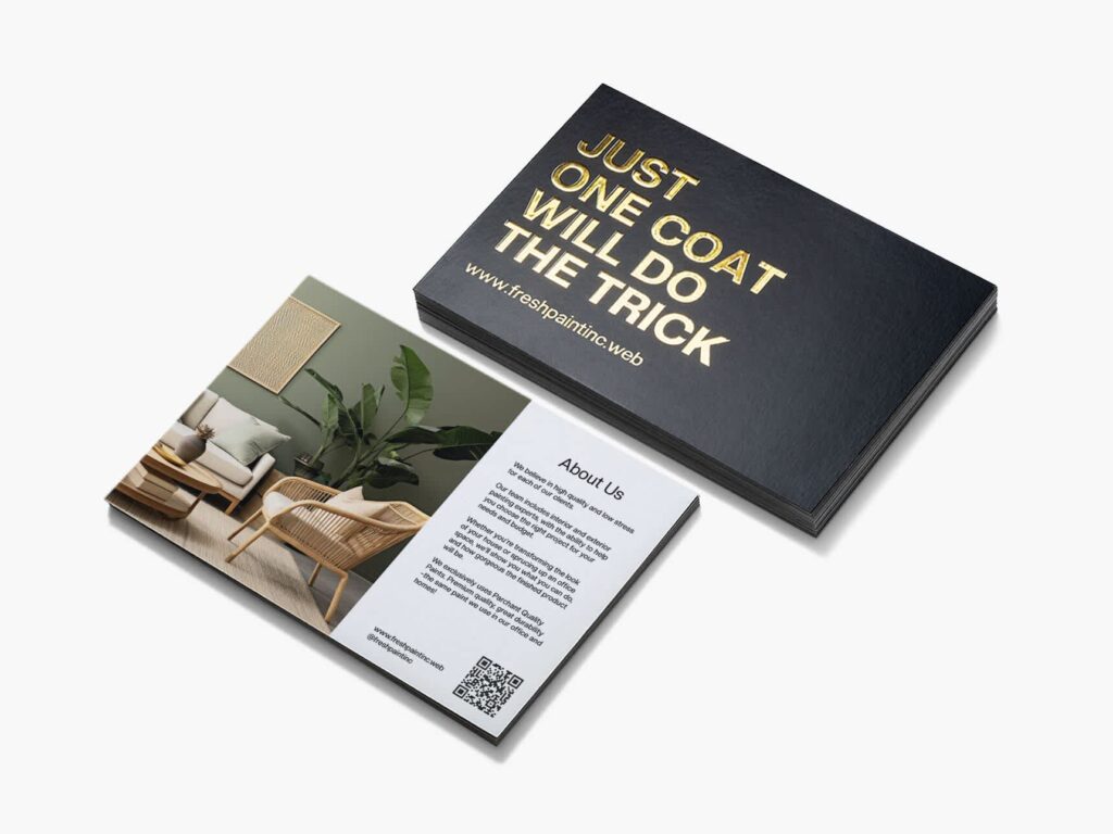 Black and white interior design brand inserts featuring gold foil lettering, an interior photograph, an About Us section and a QR code.
