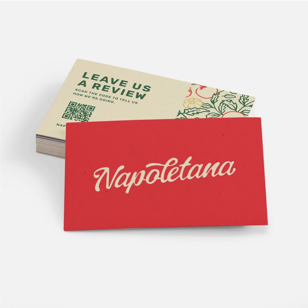 Red Napoletana branded insert with a QR code inviting customers to leave a review.