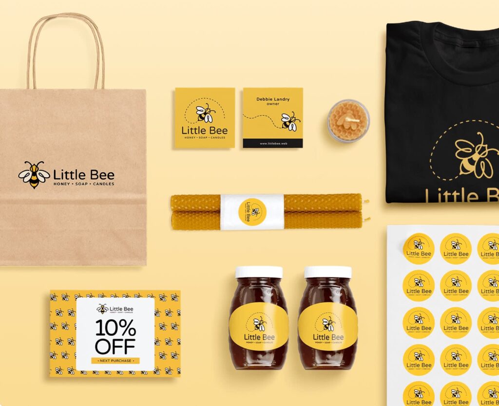 Little Bee honey, soap and candle branding featuring a kraft paper bag, business cards, a 10% discount card, branded stickers, honey jars and beeswax candles.