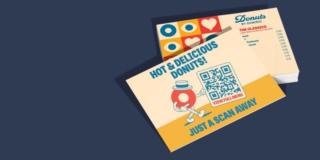 Illustrated donut shop promotional cards featuring a QR code linking to the full menu.